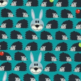 Cute Hedghogs In Rows Apples And Bunny Rabbit Faces Cotton Jersey Stretch Fabric