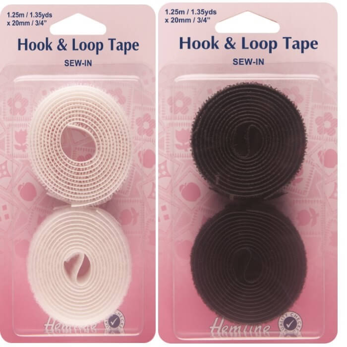 Hemline Sew On Hook & Loop Velcro Tape 20mm x 1.25m Value Pack In Black Or White