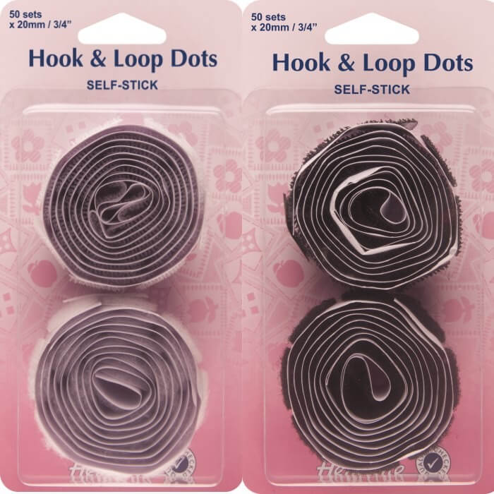 Hemline Black Or White Self Stick Hook & Loops Velcro Dots 20mm 50 sets
