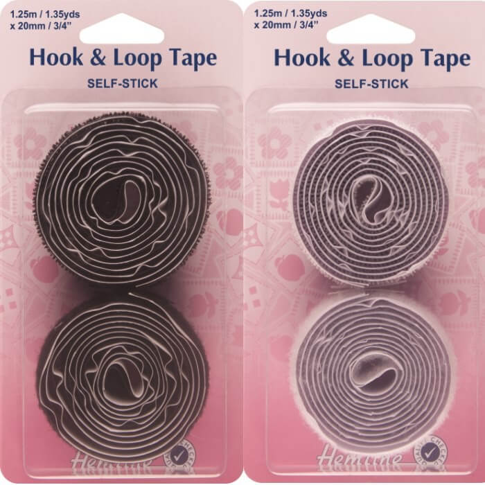 Hemline Black Or White Self Stick Hook & Loops Velcro Tape Value Pack 20mm x 1.25m 