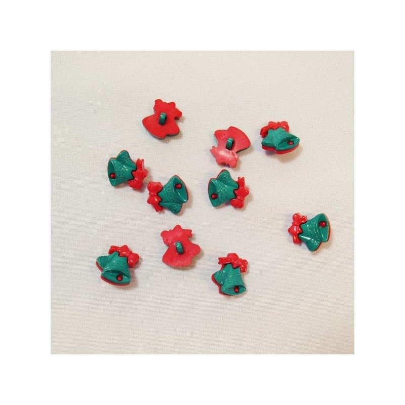 10 x 18mm Christmas Bells Green Red Plastic Shank Back Festive Craft Buttons