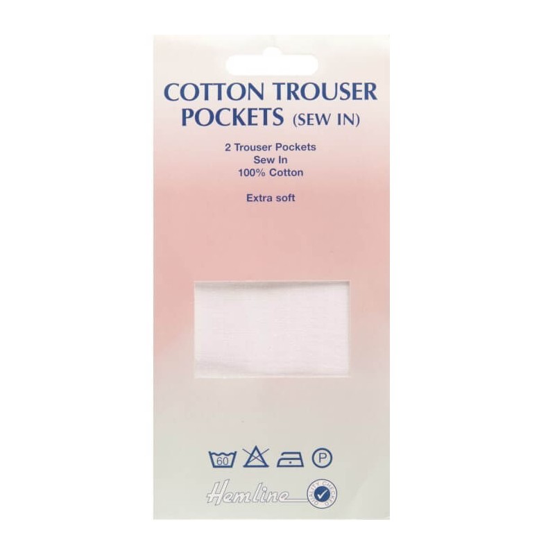  Hemline Sew In Cotton Trouser Pockets White 30 x 16cm