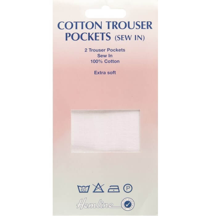  Hemline Sew In Cotton Trouser Pockets White 30 x 16cm