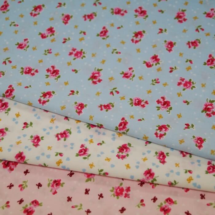 Ivory 100% Cotton Poplin Fabric Rose & Hubble Ditsy Roses Hearts Floral Flowers