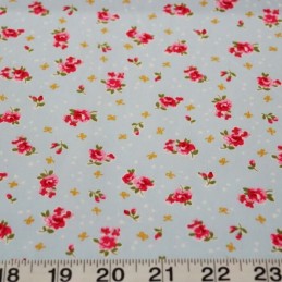 Sky Blue 100% Cotton Poplin Fabric Rose & Hubble Ditsy Roses Hearts Floral Flowers