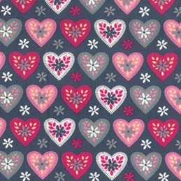 Grey 100% Cotton Poplin Fabric Rose & Hubble Floral Love Hearts Ditsy Daisies