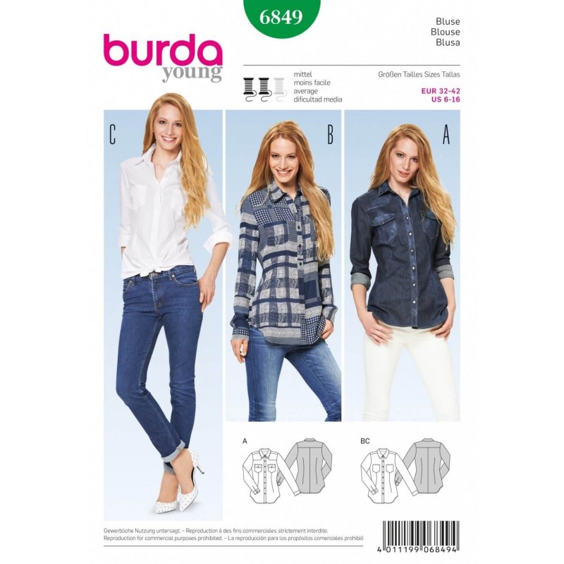 Burda Tops Shirts Blouses Fabric Sewing Pattern 6849