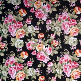 Black Polycotton Fabric Pink Roses Bunches Floral Flowers Rose