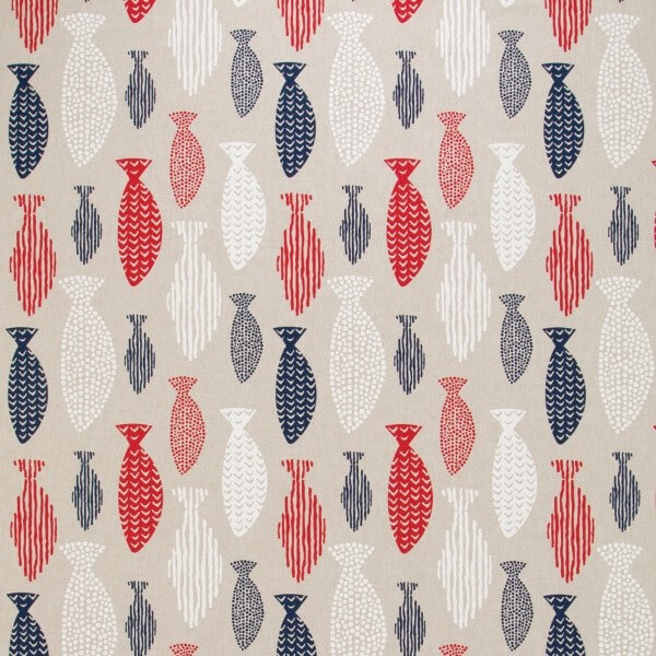 Nautical Red White And Blue Patterned Fish 100% Cotton Linen Look Fabric