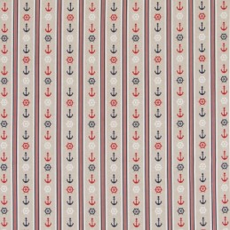 Nautical Stripes Anchors And Helms In Rows 100% Cotton Linen Look Fabric