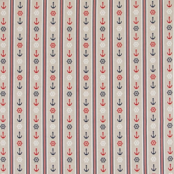 Nautical Stripes Anchors And Helms In Rows 100% Cotton Linen Look Fabric