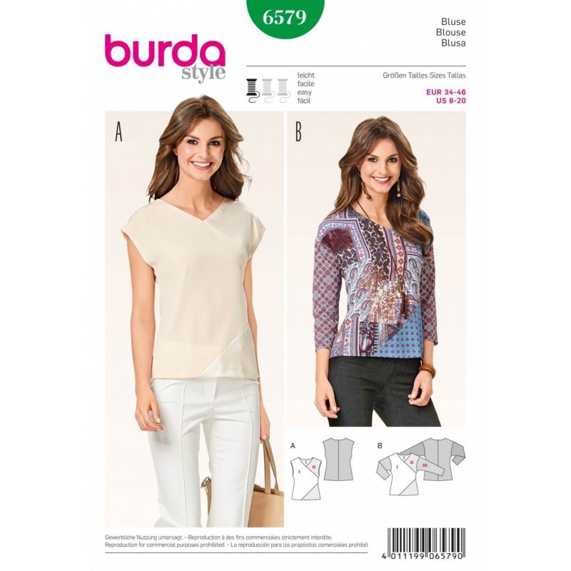 Burda Misses Asymmetric Contrast Panel Blouses and Shirts Sewing Pattern 6579