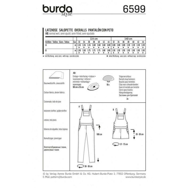 Burda Young Bibbed Trousers Overalls Dress Sewing Pattern 6599