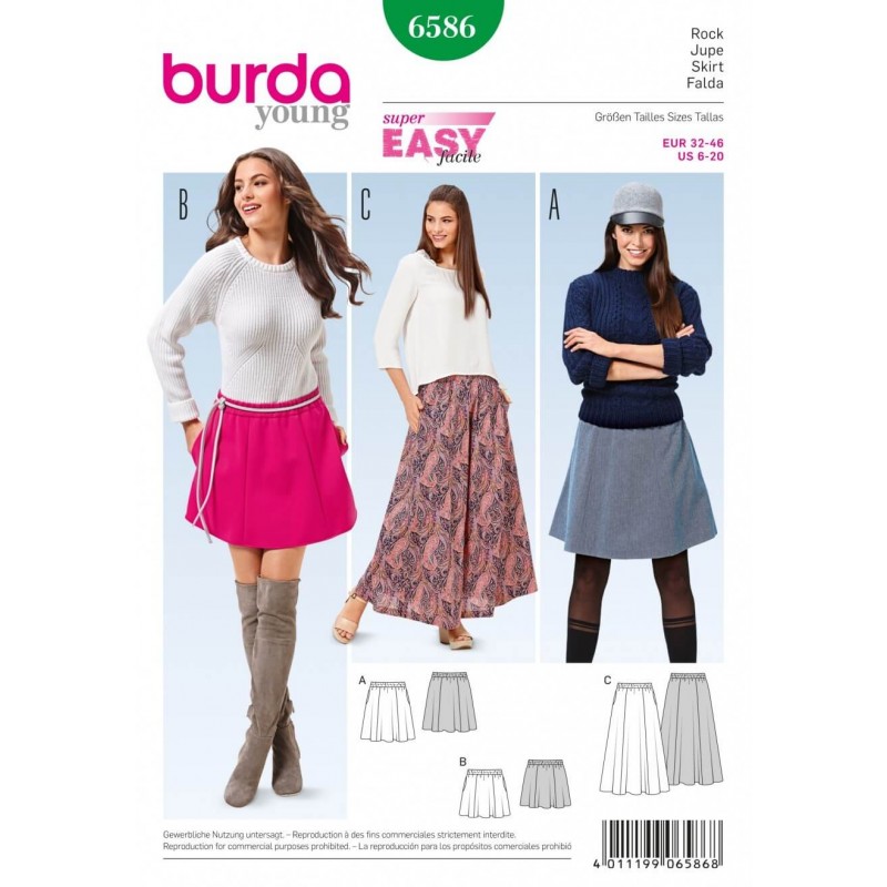 Burda Young Super Easy Mini, Midi or Maxi Skirt Sewing Pattern 6586