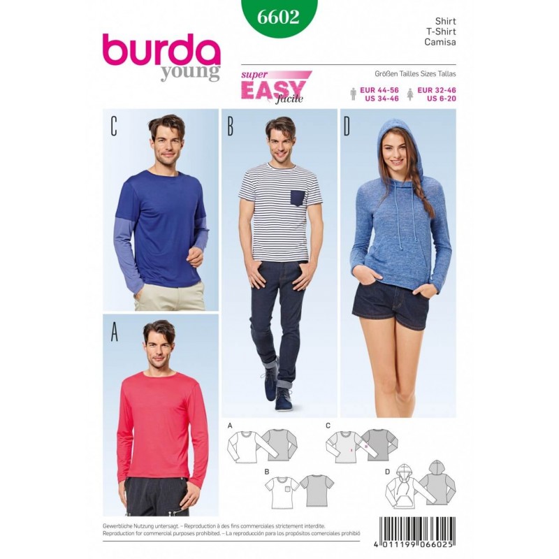 Burda Young Hooded Top T-Shirt Unisex Dress Sewing Pattern 6602