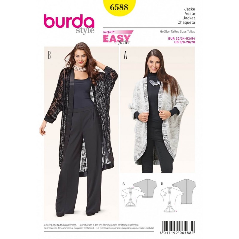 Burda Style Misses Batwing Kimono Sleeve Drape Cardigan Sewing Pattern 6588