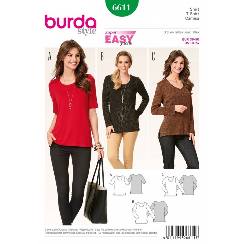 Burda Style All Seasons Sleek Top Shirt Dress Sewing Pattern 6611