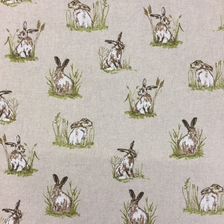 Hiding Hares In Patches Of Grass Wild Rabbits Cotton Linen Look Fabric
