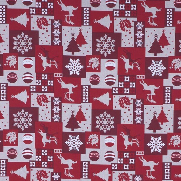 Patchwork Reindeer Bauble & Snowflake 100% Cotton Linen Look Upholstery Fabric