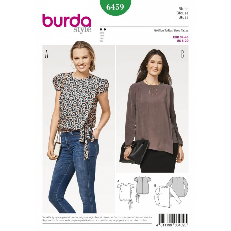 Burda Women's Mock Wrap Shirts Blouses Various Styles Sewing Pattern 6459