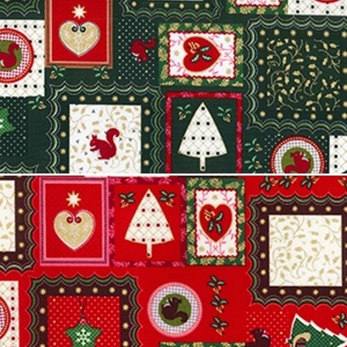 100% Cotton Fabric Christmas Xmas Stamps Patchwork Squares 135cm Wide Green