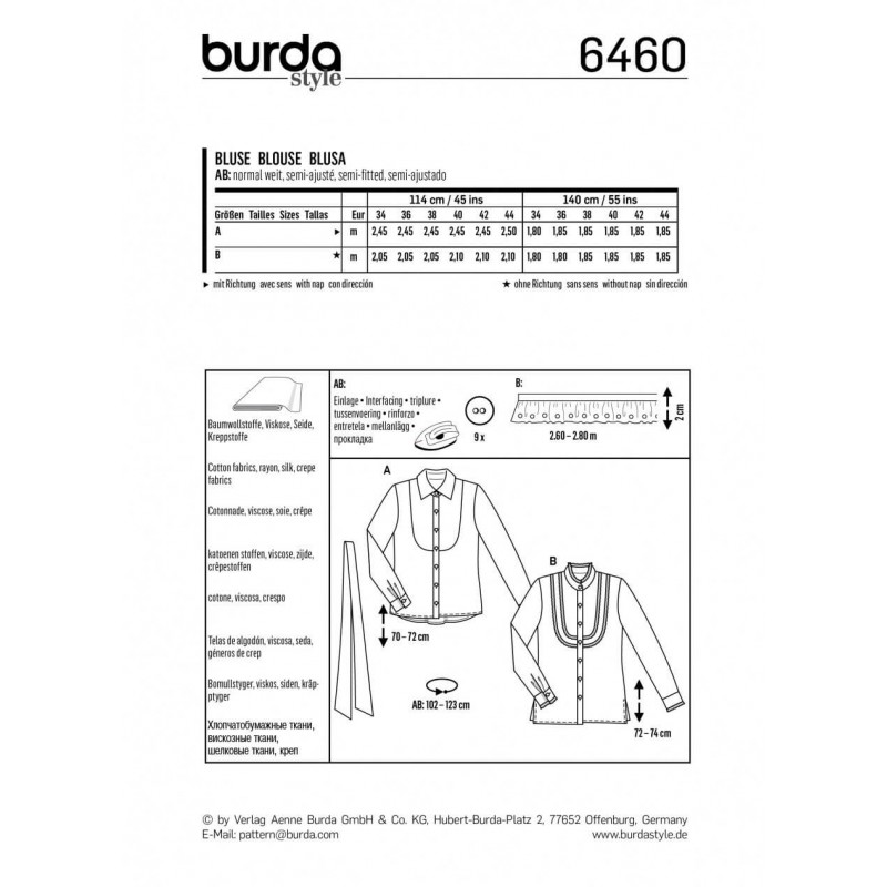 Burda Style Women's Collared Shirt Blouse Dress Sewing Pattern 6460