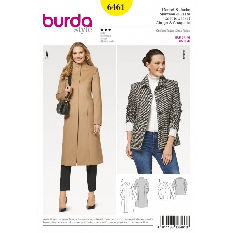 Burda Sewing Pattern 6461 Style Women's Slender Coats Jackets Dress