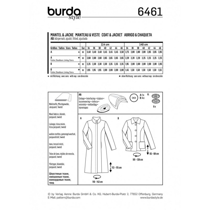 Burda Sewing Pattern 6461 Style Women S Slender Coats Jackets Dress