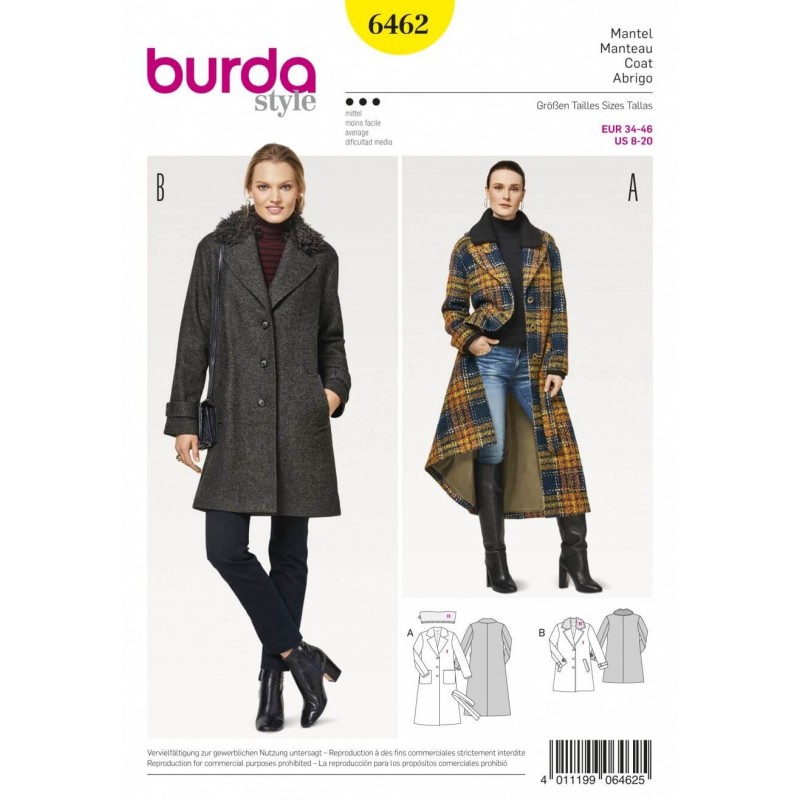 Burda Style Women's Fur Collar Blazer Coat Dress Sewing Pattern 6462
