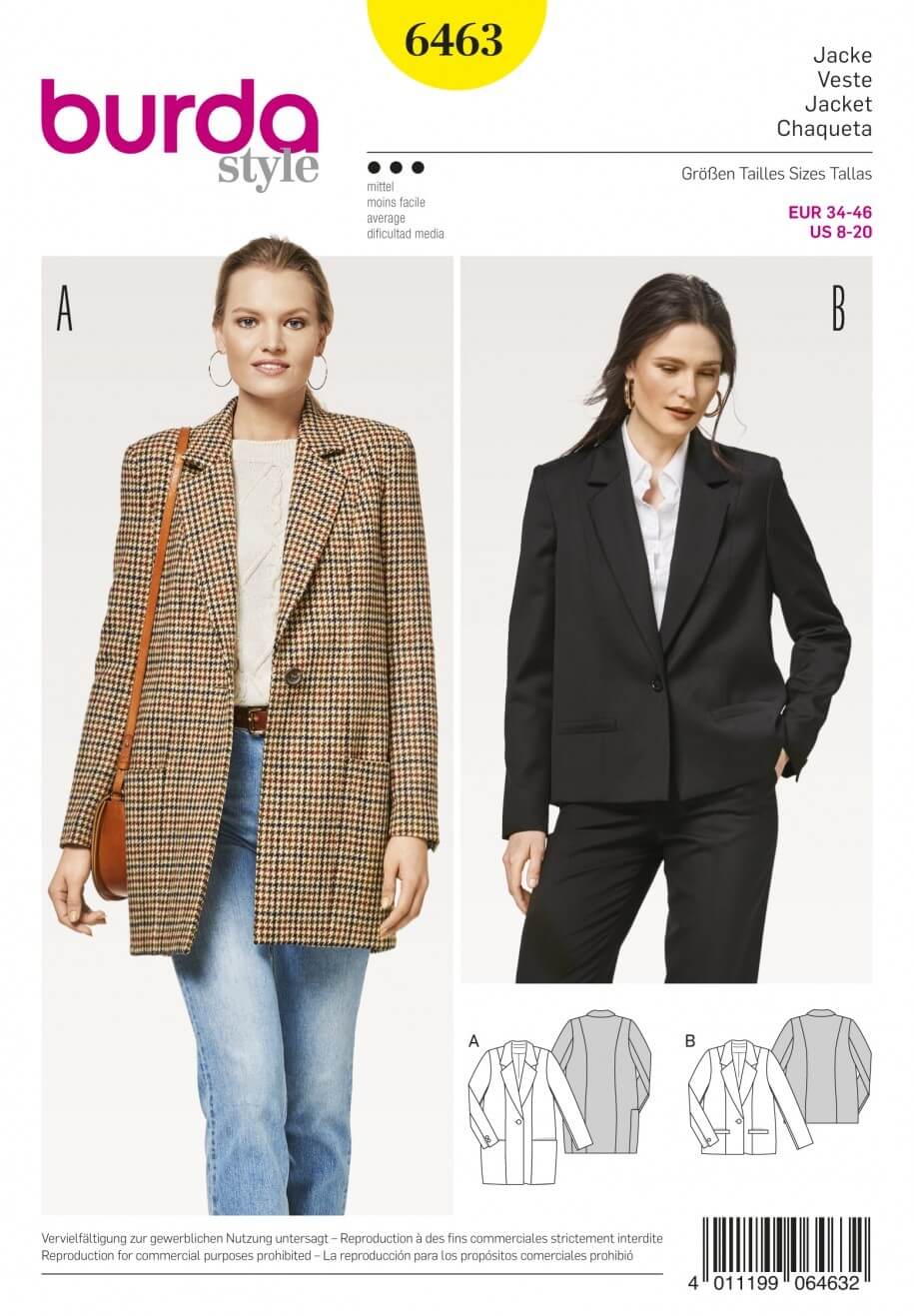 Burda Style Women's Chic Casual Blazer Jacket Dress Sewing Pattern 6463