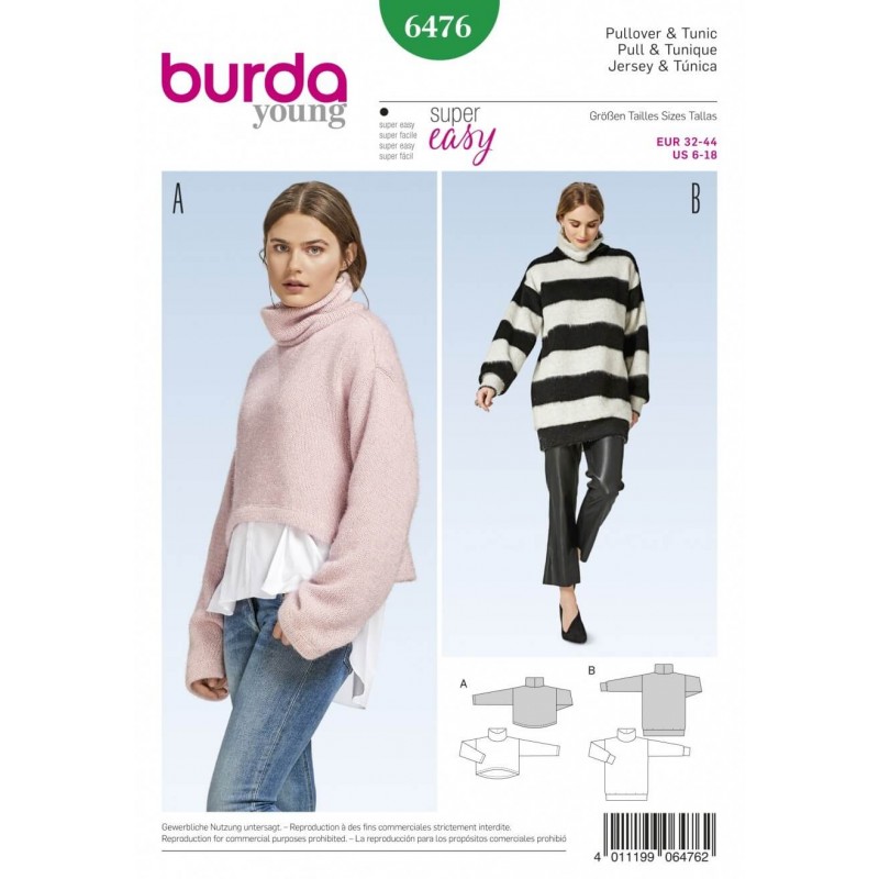 Burda Style Women's Pullover Collared Jumper Top Dress Sewing Pattern 6476