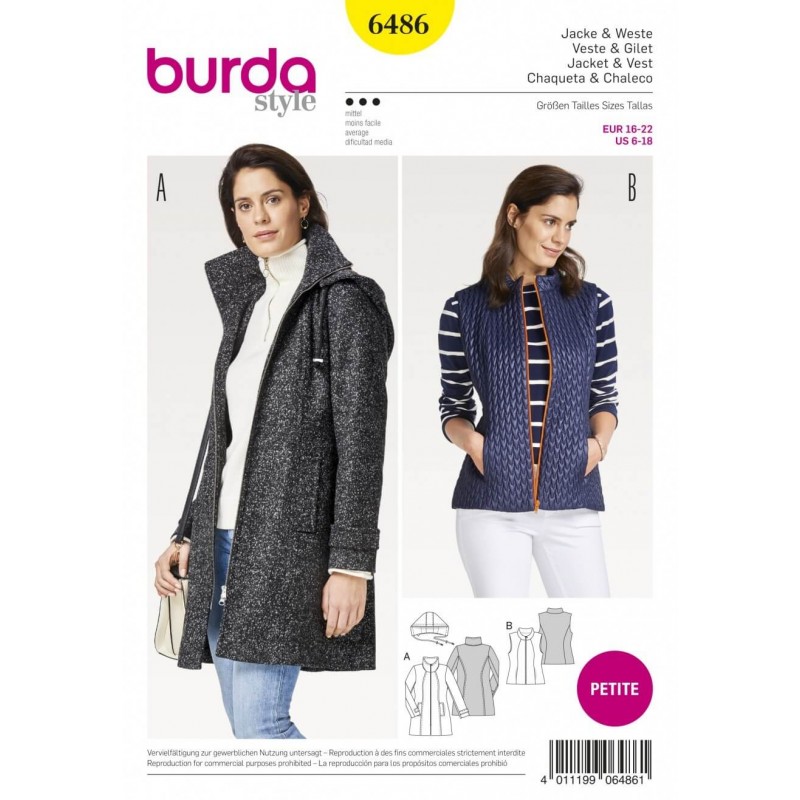 Burda Style Women's Petite Jacket With Highstand Collar Sewing Pattern 6486