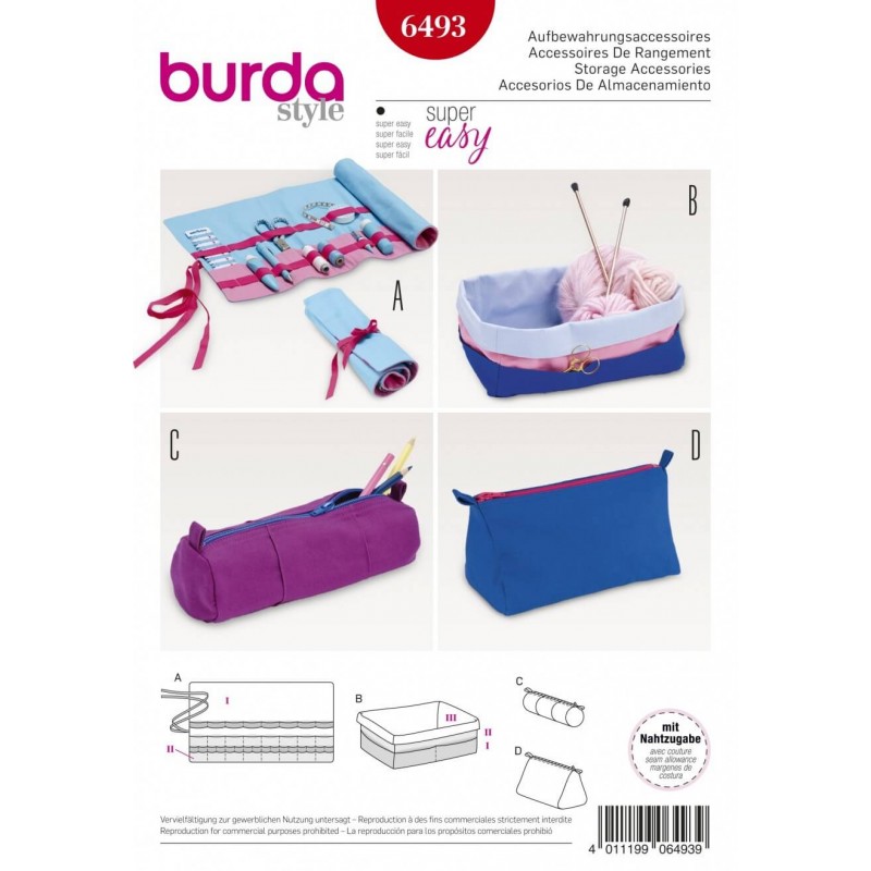 Burda Style Storage Accessories Roll Up Bag Pencil Case Box Sewing Pattern 6493