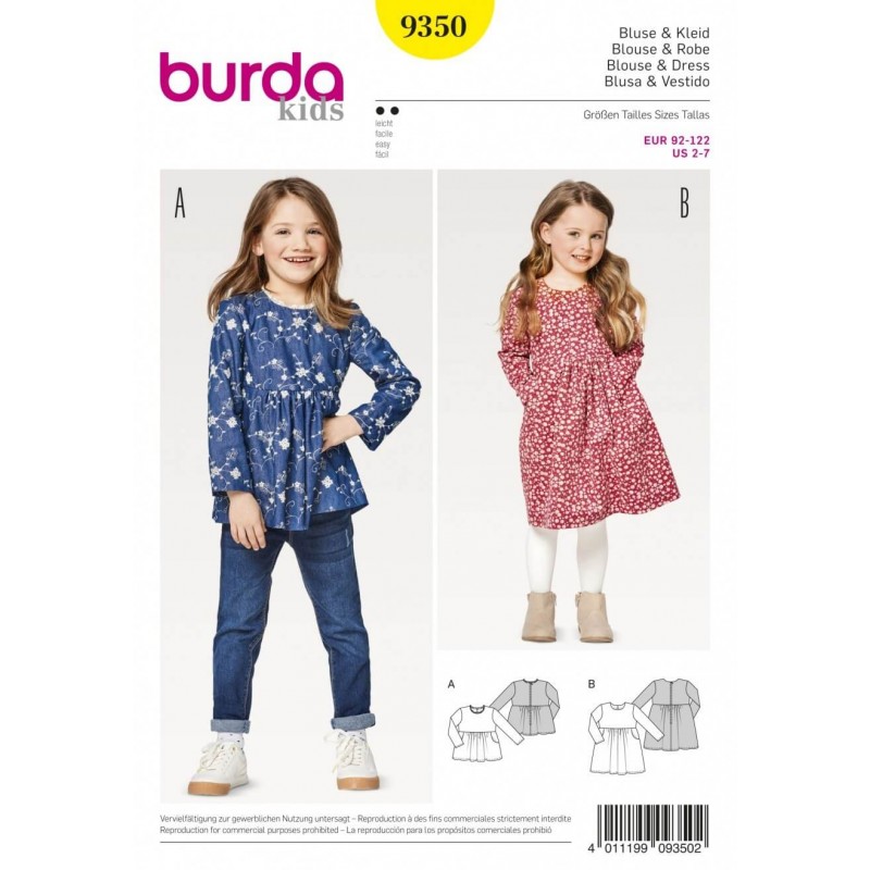 Burda Kids Girl's Tunics and Dresses with Gathered Waist Sewing Pattern 9350