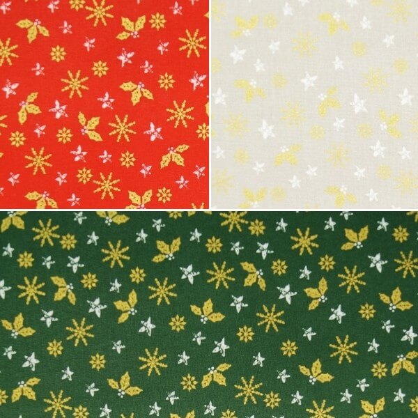 Christmas Holly Leaves Snowflakes Stars Xmas 100% Cotton Fabric 140cm Wide