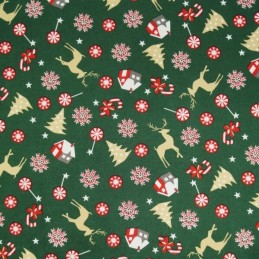 Christmas Candy Cane Cottages Reindeers Trees Xmas 100% Cotton Fabric 140cm Wide