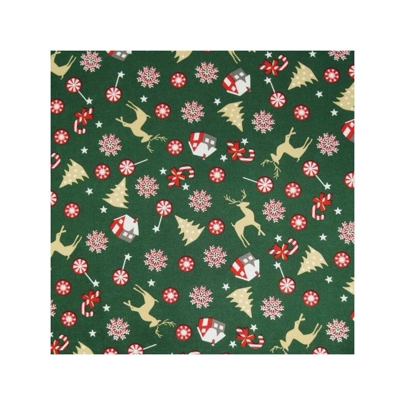Christmas Candy Cane Cottages Reindeers Trees Xmas 100% Cotton Fabric 140cm Wide