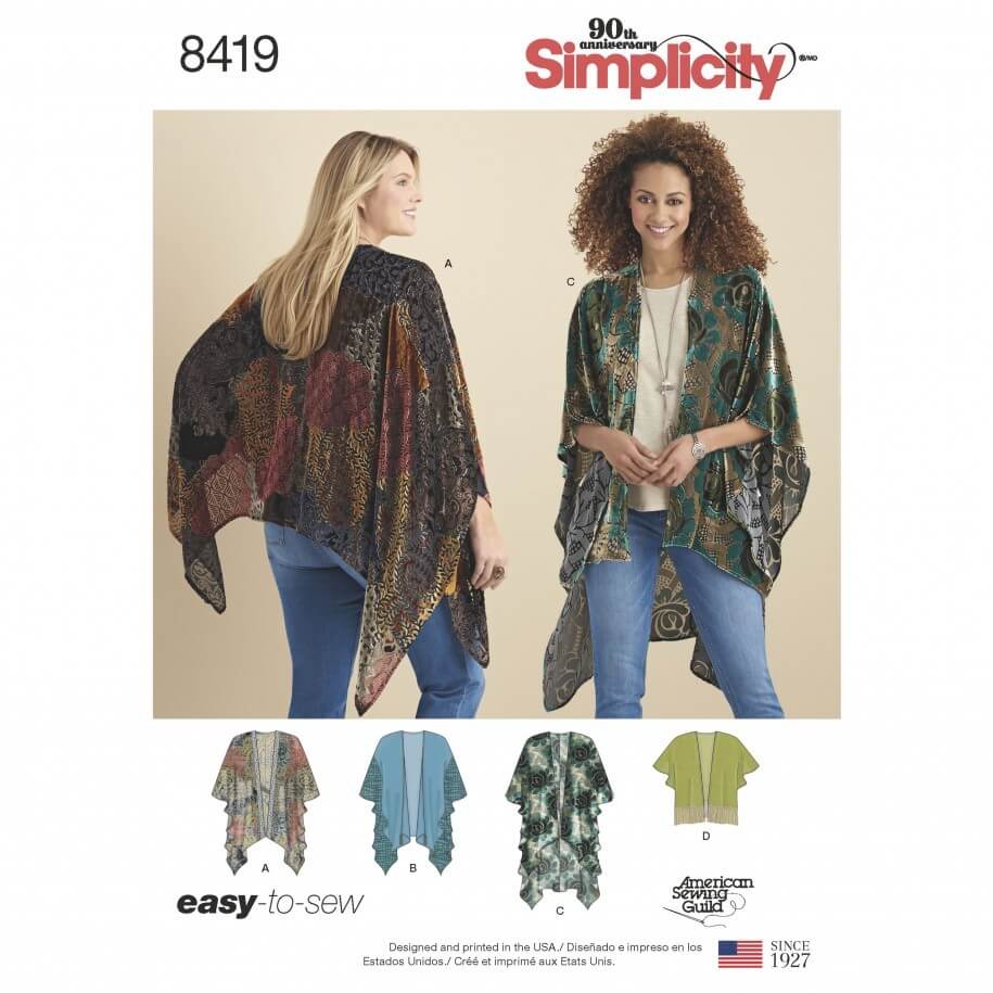 Misses Kimono Style Wrap Shrug Jacket Cover Up Simplicity Sewing Pattern 8419