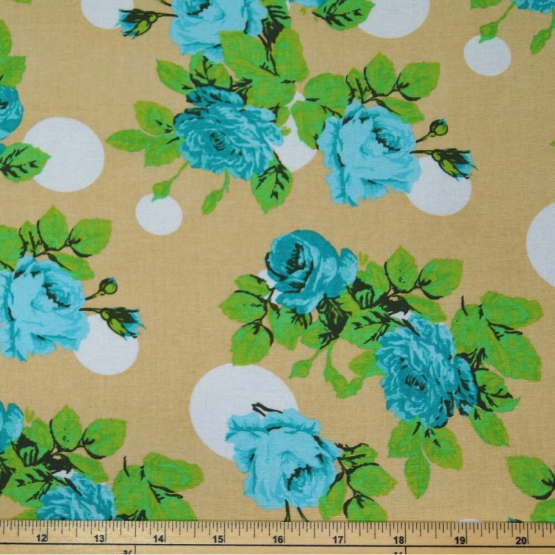 Large Roses Blooming On Polka Dot Spots Floral 100% Cotton Fabric 135cm Wide