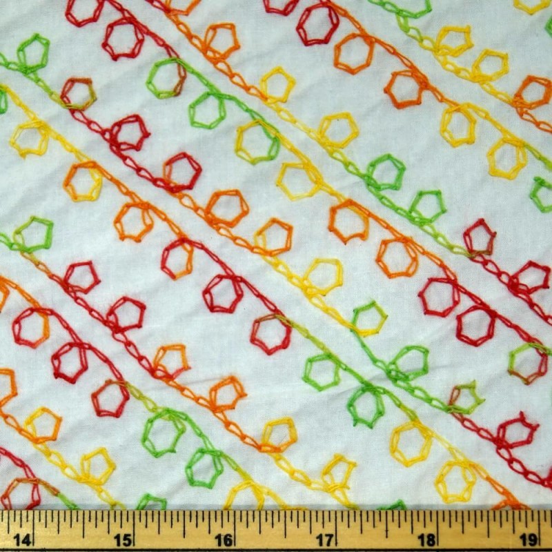 Multi Coloured Diagonal Embroidered Swirls 100% Cotton Fabric 140cm Wide