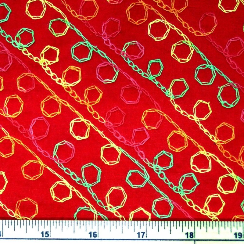Multi Coloured Diagonal Embroidered Swirls 100% Cotton Fabric 140cm Wide