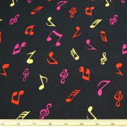 Multi On Black 100% Cotton Poplin Fabric Rose & Hubble Music Notes Symbols