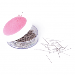 P24104 - Acrylic tub of stainless steel pins with a foam Pincushion top to make pinning garments easy, quick and tidy.