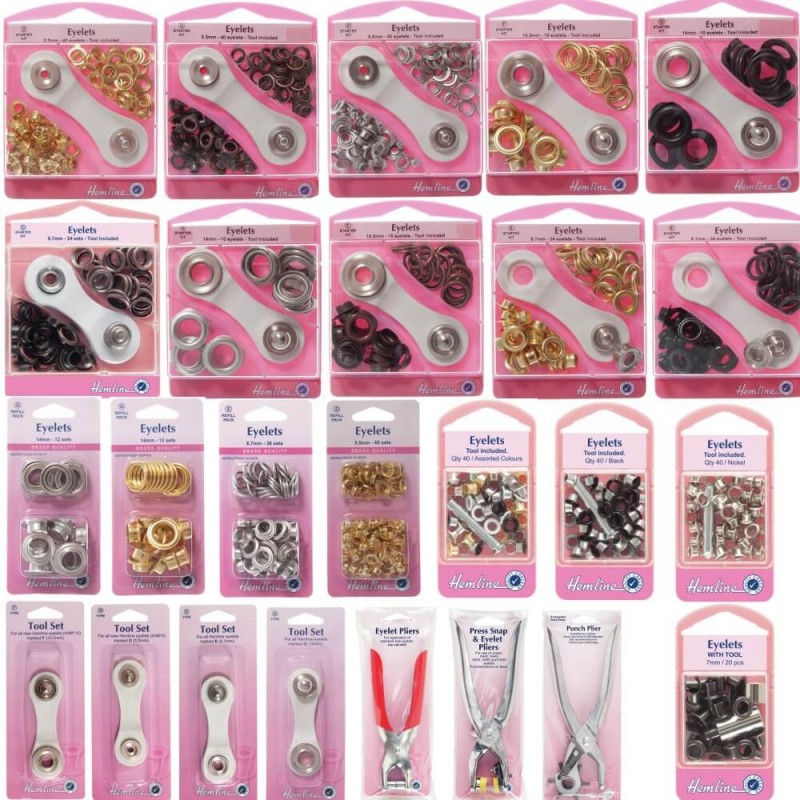 Hemline Black Eyelet Starter Kit 8.7mm (24 sets) With Metal Grommet Eyelet  Tool Washers Eyelets Hole Punch & Storage Case mm H438P.8.B