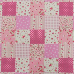 Polycotton Patchwork Floral Ditsy Flowers Squares Bows Fabric Pink