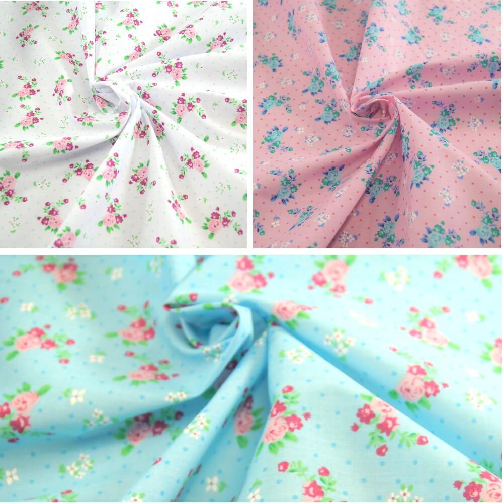 Polycotton Fabric Roses & Polka Dots Spots Turquoise