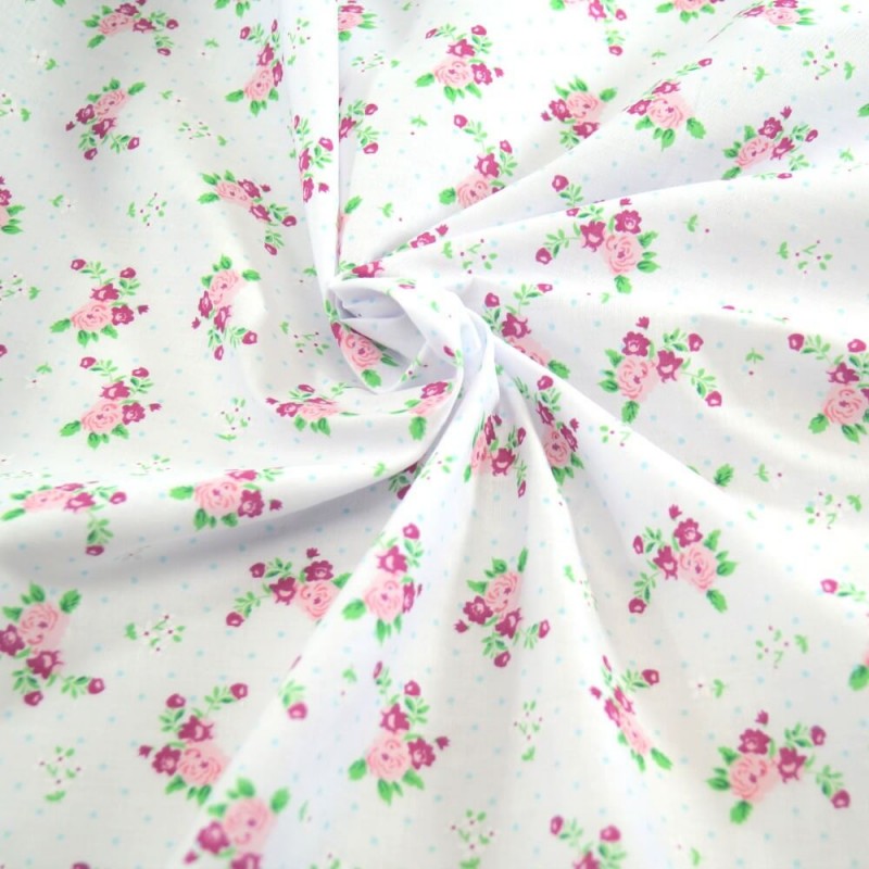Polycotton Fabric Roses & Polka Dots Spots Flowers Floral