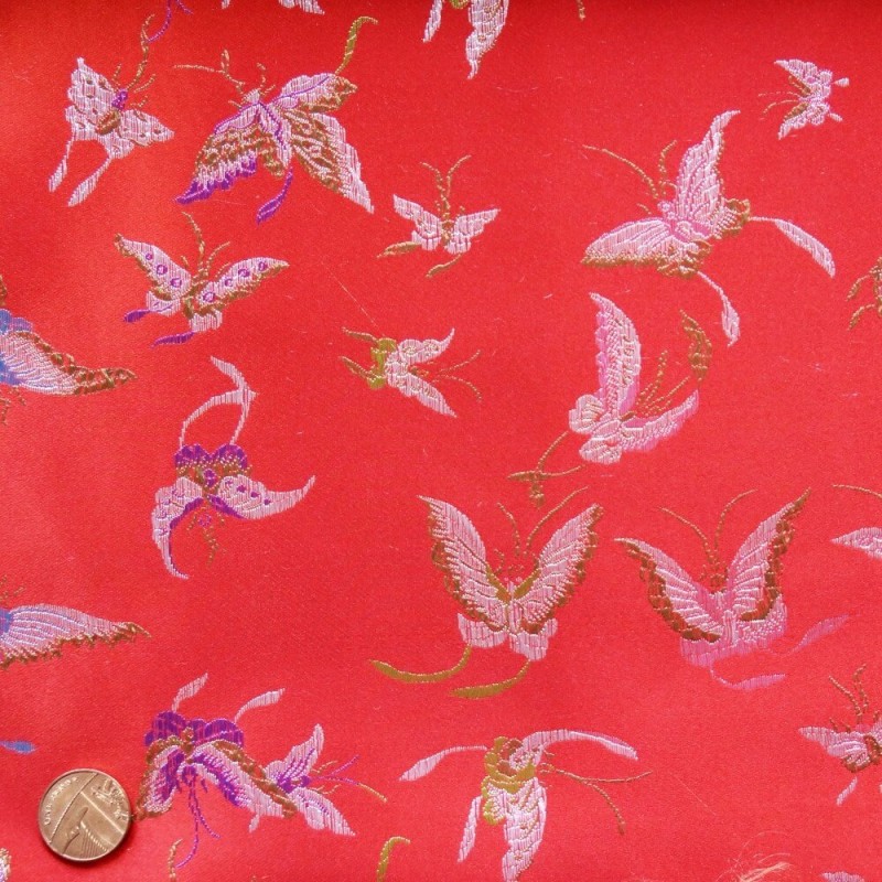 100% Polyester Chinese Brocade Butterflies Embroidered Silky Satin Fabric