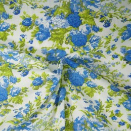 Polycotton Fabric Large Blooming Rose Bouquet Floral Flowers Craft Blue