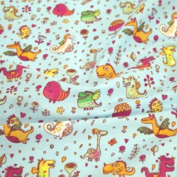 Polycotton Fabric Dinosaurs & Dragons, Floral Flowers Sky